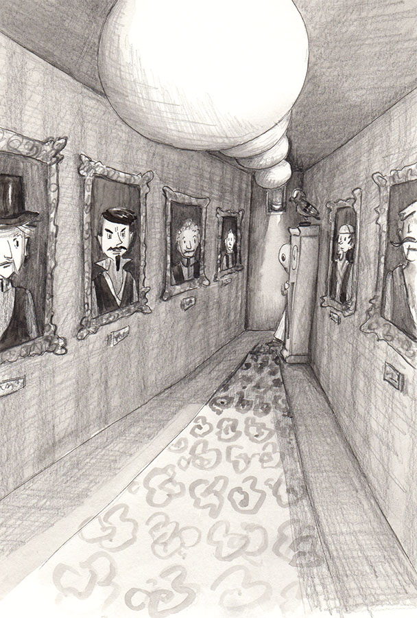 Dark corridor with paintings.